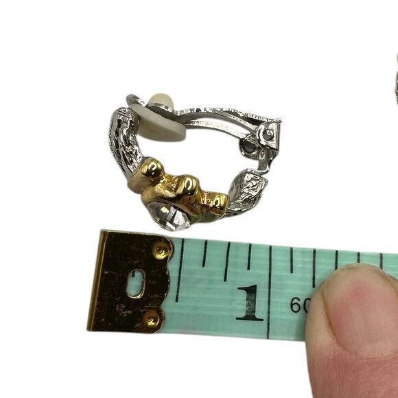 Vintage Rhinestone Gold and Silver Tone Clip-On Earrings with Clear Stones - Picture 4 of 6